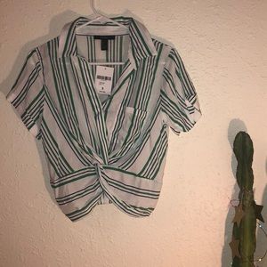 Forever21 green & blue striped collared crop top